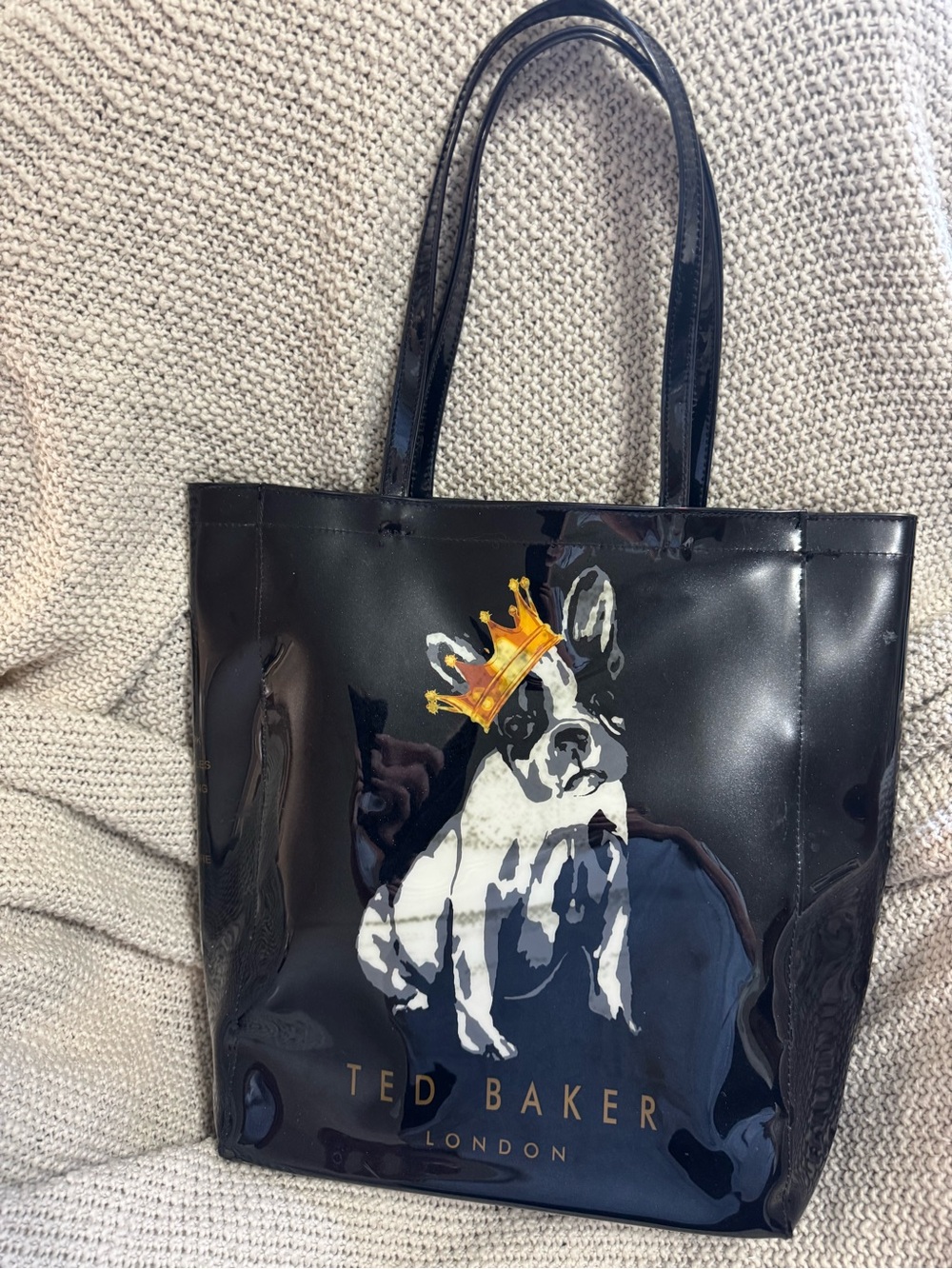 Ted Baker Black Patent Tote with Crowned Dog Motif